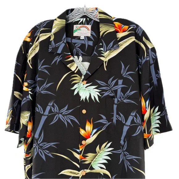 Paradise Found Hawaii Bamboo Paradise Black Hawaiian Shirt Men's Size Large - Picture 3 of 14